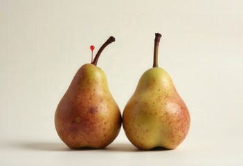 Two pears, one with a red pin on stem