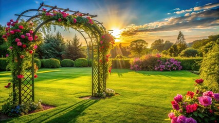 Fototapeta premium Serene Sunset Garden Scene with Blooming Rose Archway