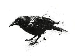 Fototapeta premium birds on a white background, graphic image of a black crow on a white background