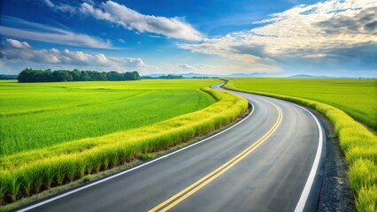 Fototapeta premium Asphalt Road Winding Through Lush Green Fields Under a Bright Sunny Sky