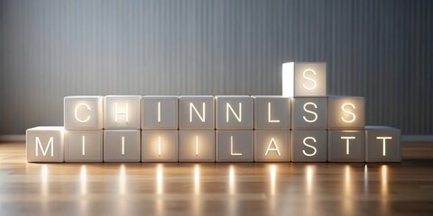 Illuminated letter blocks spelling out a message on a wooden surface