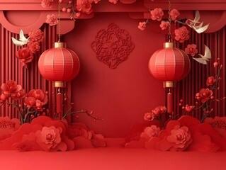 3D Chinese New Year red podium with lanterns gift boxes Chinese element background. perfect for Spring Festival, online shop, greeting cards, and premium design projects