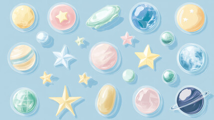 Transparent stickers or patches mockup. Plastic or pvc shrunken labels of different shapes round, square, star, pentahedron and hexahedron or notched circle wrinkled emblems, Realistic 3d vector set