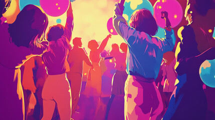 Disco party banner with light ball, cake, cocktail and speaker in night club. Vector landing page of music event, dance party with cartoon illustration of disco ball, dessert and drink