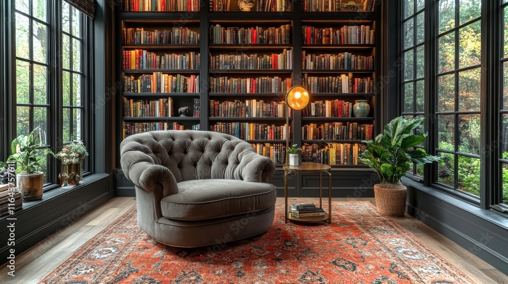 Poster a stylish reading nook showcases a plush tufted chair and a round table beside a tall floor lamp. bo
