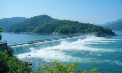 Water flowing over a dam, mountains in the background.