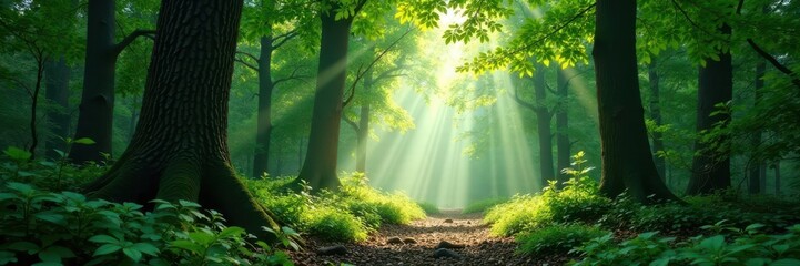 Obraz premium Dense foliage with shafts of sunlight filtering through, creating dappled patterns on forest floor, trees, nature