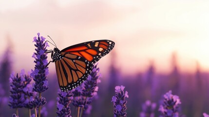 Monarch Butterfly Perched on Lavender Flowers at Sunset View
