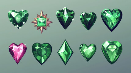 Obraz premium Game green gemstone in shape of crown, star and heart. Magic jewel crystal or diamond icons, emerald treasure, royal precious gems. Fantasy cartoon gui trophy with texture, isolated set