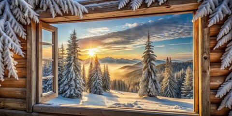 Fototapeta premium Scenic winter sunrise view from a rustic cabin window with snow-covered evergreens and distant mountain peaks