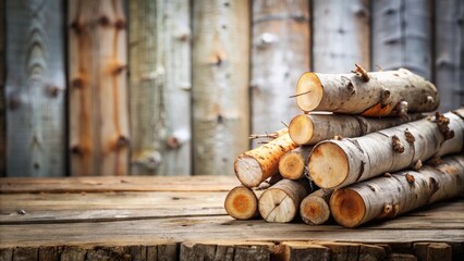 A rustic stack of neatly arranged logs rests on a weathered wooden surface against a blurred backdrop of aged wood planks