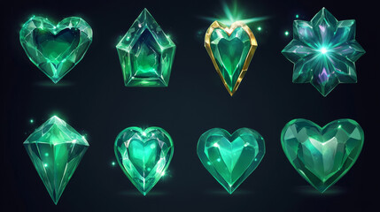 Fototapeta premium Game green gemstone in shape of crown, star and heart. Magic jewel crystal or diamond icons, emerald treasure, royal precious gems. Fantasy cartoon gui trophy with texture, isolated set