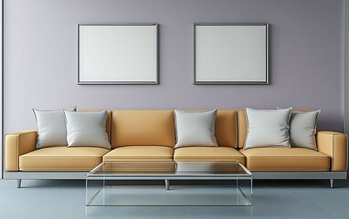 Naklejka premium Modern living room interior with mustard yellow sofa, glass coffee table, and two blank frames on a lilac wall.