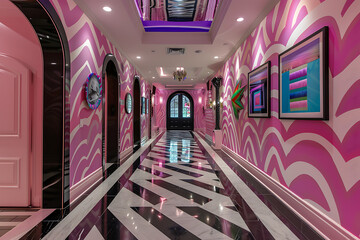 retro hallway design, colorful retro hallway with bold wallpapers and mixed geometric patterns...