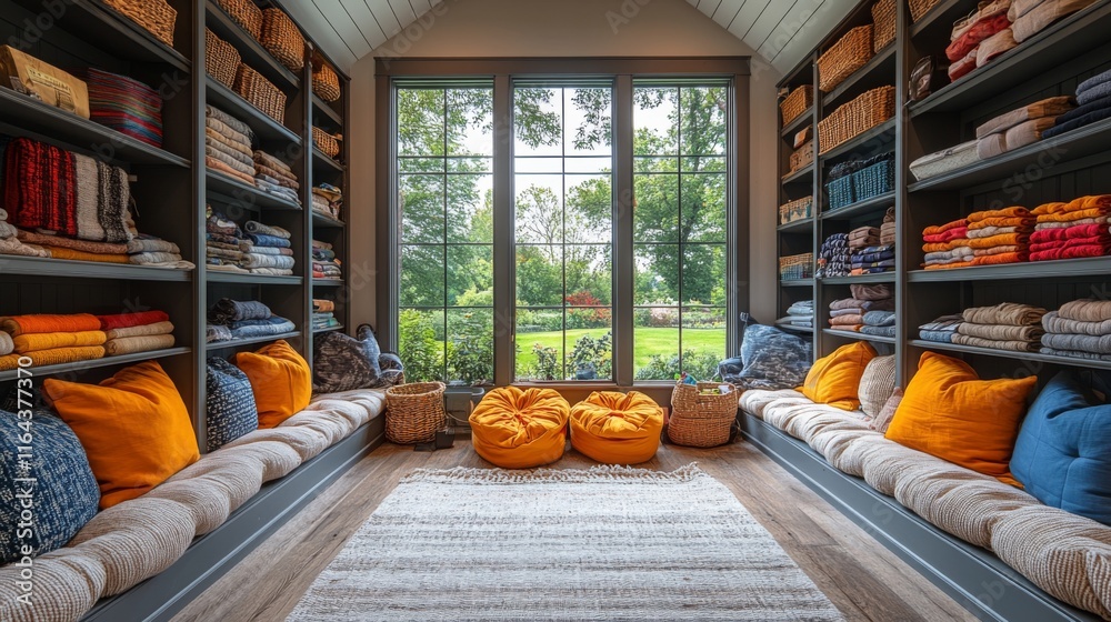 Poster a bright storage room features shelves filled with neatly folded blankets and cushions, complemented