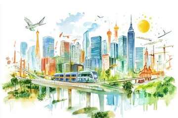 Obraz premium Watercolor illustration of a city scene with a train, suitable for travel or urban-themed designs