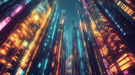 A glowing cityscape where data streams flow like rivers between illuminated skyscrapers. The city is alive with colors, and the luminous data flows add a sense of energy and high-tech advancement.