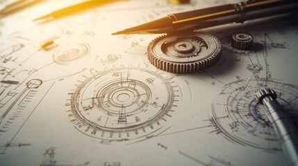 Technical Drawing with Gears and Pen on a Flat Surface, Showcasing the Precision and Detail in Engineering Design and Mechanical Components for Creative Projects