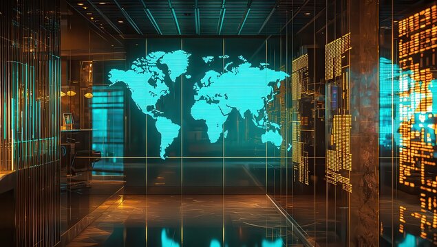 A sophisticated office interior featuring a glowing cyan world map with pulsating gold financial charts