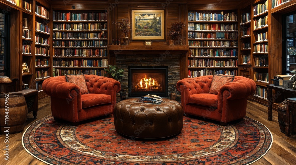 Poster Two red tufted armchairs face a roaring fireplace in a wooden library filled with bookshelves. A rustic coffee table sits nearby, creating an inviting space for reading and relaxation.