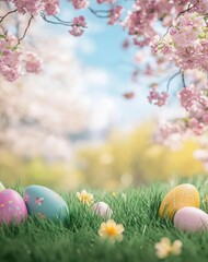 Fototapeta premium Vibrant Easter Eggs Nestled in a Blooming Spring Landscape with Soft Blooms and Lush Green Grass Under a Bright Blue Sky