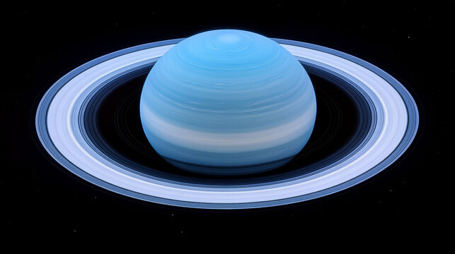 Planet Uranus 3D cartoon vector illustration. Spherical blue planet with illuminated surface with relief and gas rings isolated on dark blue cosmic background