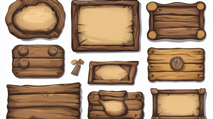 Wooden game ui design elements - buttons and boards for menu interface. Cartoon vector illustration set of wood and parchment frame, title border and text box. Adventure mobile gui assets kit.
