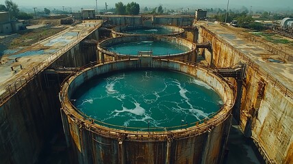 Fototapeta premium Aerial View of Circular Wastewater Treatment Plant with Organized Layout and Pipelines