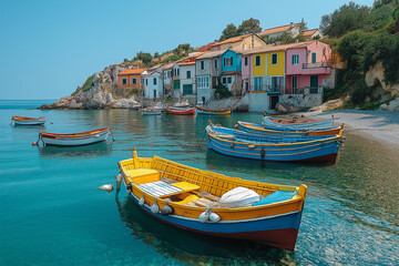 Fototapeta premium Photo réaliste professionnelle d’un port de pêche paisible le matin, avec des bateaux colorés reposant sur des eaux calmes et de petites maisons de bord de mer en arrière-plan