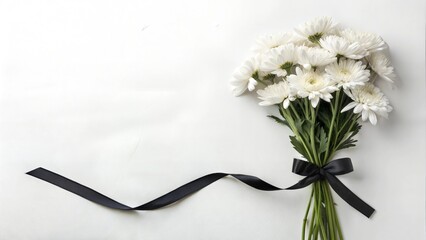 Bouquet of white chrysanthemums tied with a black ribbon on a light background for a funeral