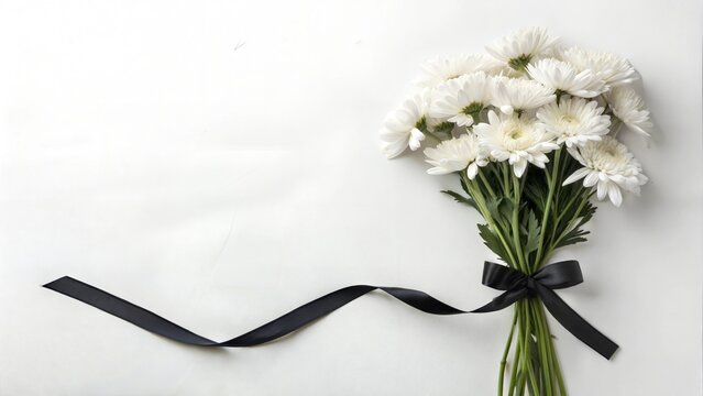 Bouquet of white chrysanthemums tied with a black ribbon on a light background for a funeral
