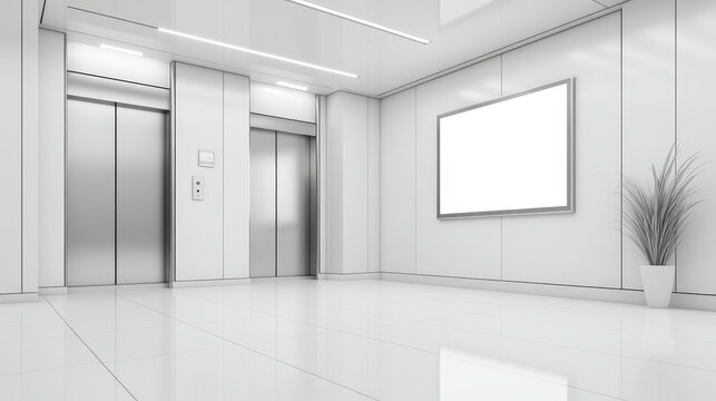 Realistic elevators with close doors and ad poster screen on wall, perspective view mockup. Office or modern hotel hallway, empty lobby interior with lifts and blank display, 3d vector illustration