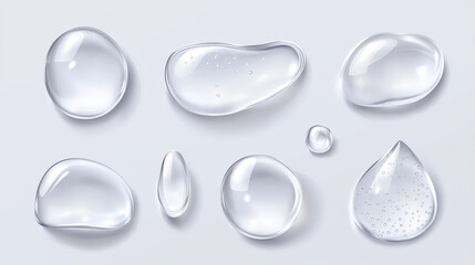 Drop water. Serum gel, oil droplet, collagen liquid jelly clear, cream hyaluron acid, transparent ball, surface moisture lotion. Clear isolated liquid closeup. Rain condensation. Vector background 3d