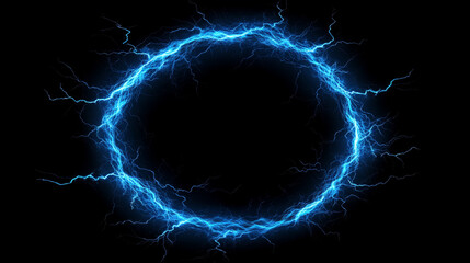 Blue thunder bolt light and electric energy discharge in form of circle on black background. Realistic 3d vector illustration round frame from storm lightning power effect. Thunderbolt strike border.