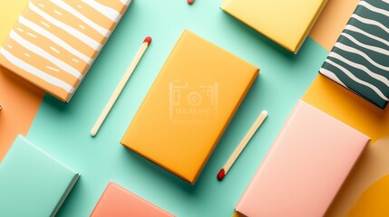 Creative flat-lay arrangement showcasing colorful matchboxes on a vibrant surface
