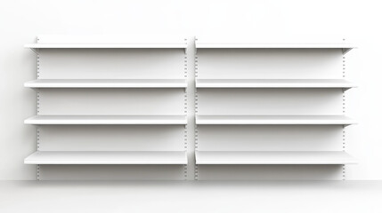 White empty supermarket shelf mockup with racks for product display. Realistic 3d vector illustration set of bookcase stand in different angles of view. Blank mock up of store promotion equipment.