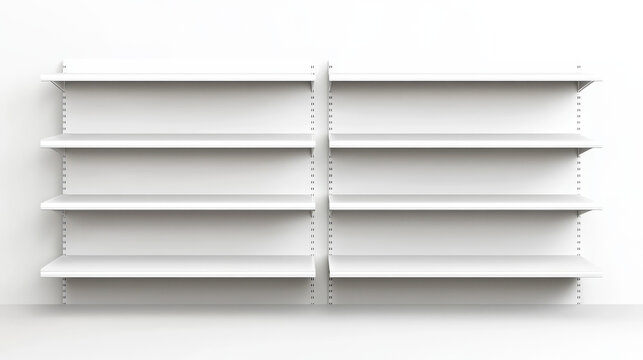 White empty supermarket shelf mockup with racks for product display. Realistic 3d vector illustration set of bookcase stand in different angles of view. Blank mock up of store promotion equipment.
