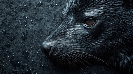 Close-up of a dark animal's face with water droplets, emphasizing texture and detail.