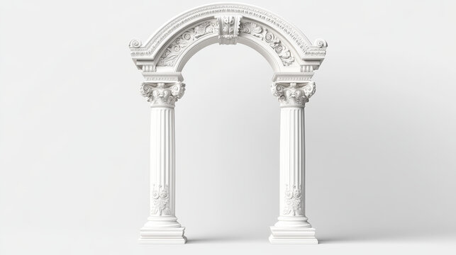 Ancient roman arch made of white clay with decorative ornate. Realistic 3d vector illustration set of greek stone pillar of temple building door or window decor. Antique classic architecture archway.