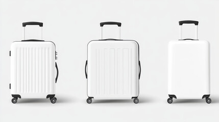 White suitcase with handle and wheels in different angles of view. Realistic 3d vector illustration set of travel luggage bag. Plastic baggage for trip and vacation concept. Voyage accessory template.