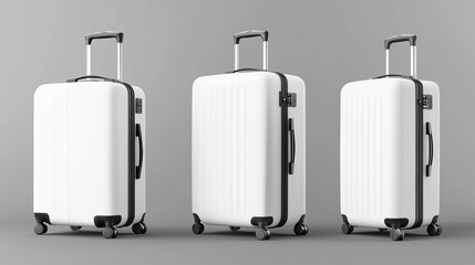 White suitcase with handle and wheels in different angles of view. Realistic 3d vector illustration set of travel luggage bag. Plastic baggage for trip and vacation concept. Voyage accessory template.