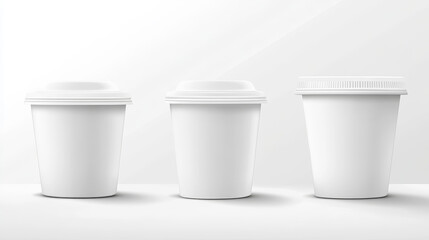 White yogurt cup and bottle mockup. Realistic 3d vector illustration set of plastic package and container for dairy products with lid and foil top. Blank template of milky goods pot packaging.