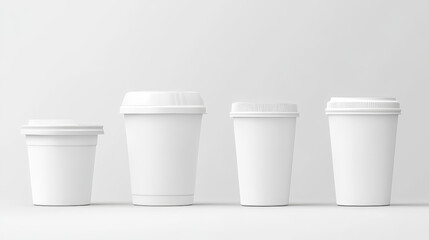 White yogurt cup and bottle mockup. Realistic 3d vector illustration set of plastic package and container for dairy products with lid and foil top. Blank template of milky goods pot packaging.