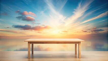 Empty wooden table against a serene sunset sky backdrop
