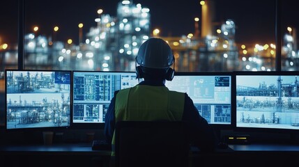 A worker monitoring multiple screens in a control room at night. The glowing lights of a refinery are visible through the large windows, indicating ongoing operations