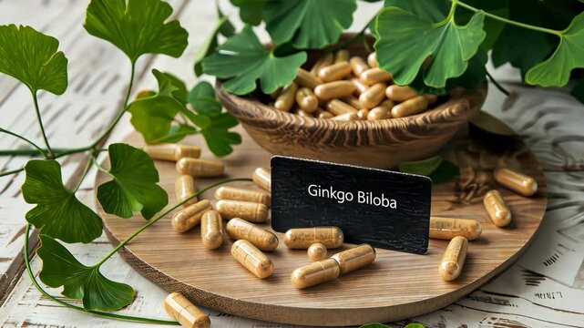 Ginkgo biloba plant and supplement capsules. Selective focus. Nature.