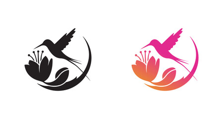 A silhouette of a stylized hummingbird & flower On White background. A hummingbird in black & gradient. © ZamStock
