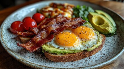 Avocado toast with fried eggs, bacon, and tomatoes. (2)
