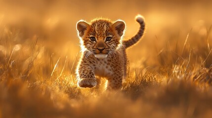 Obraz premium Baby leopard cub walking in golden grass.