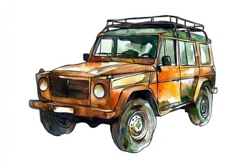 Fototapeta premium Watercolor illustration of a vehicle with a roof rack, great for travel or adventure themes